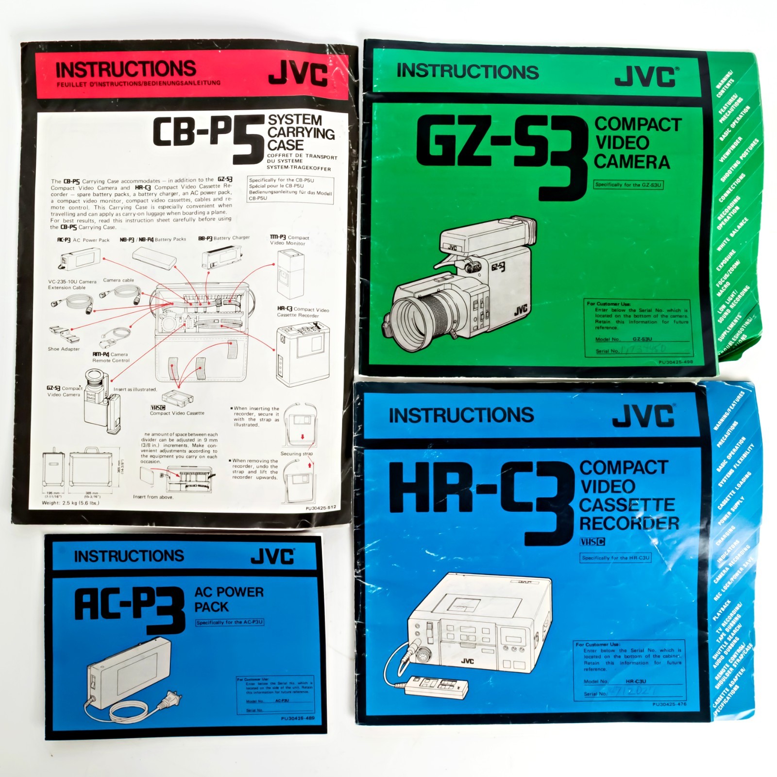 Lot of JVC CB-P5 GZ-S3 AC-P3 HR-C3 Instruction Manuals Lot of JVC CB-P5 GZ-S3 AC-P3 HR-C3 Instruction Manuals