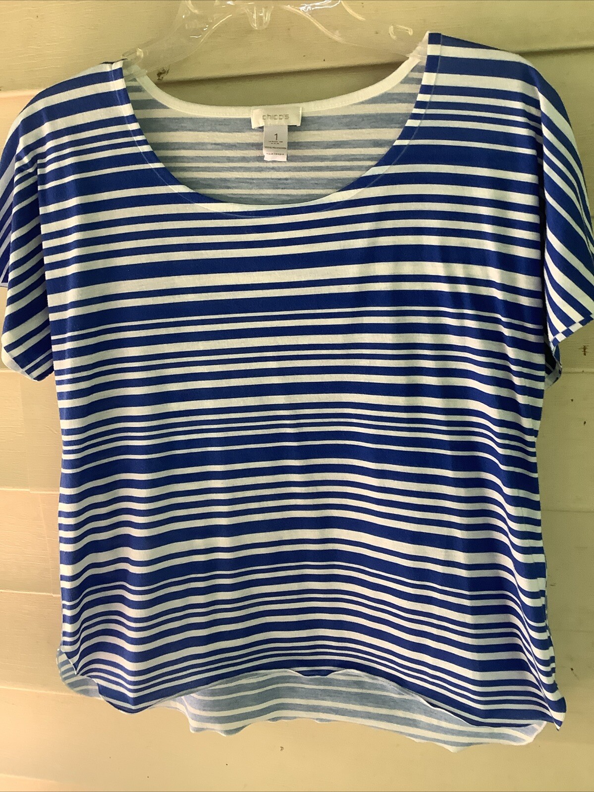 Chico’s Woman’s S/S Knit Top blue/White Stripe Size 1