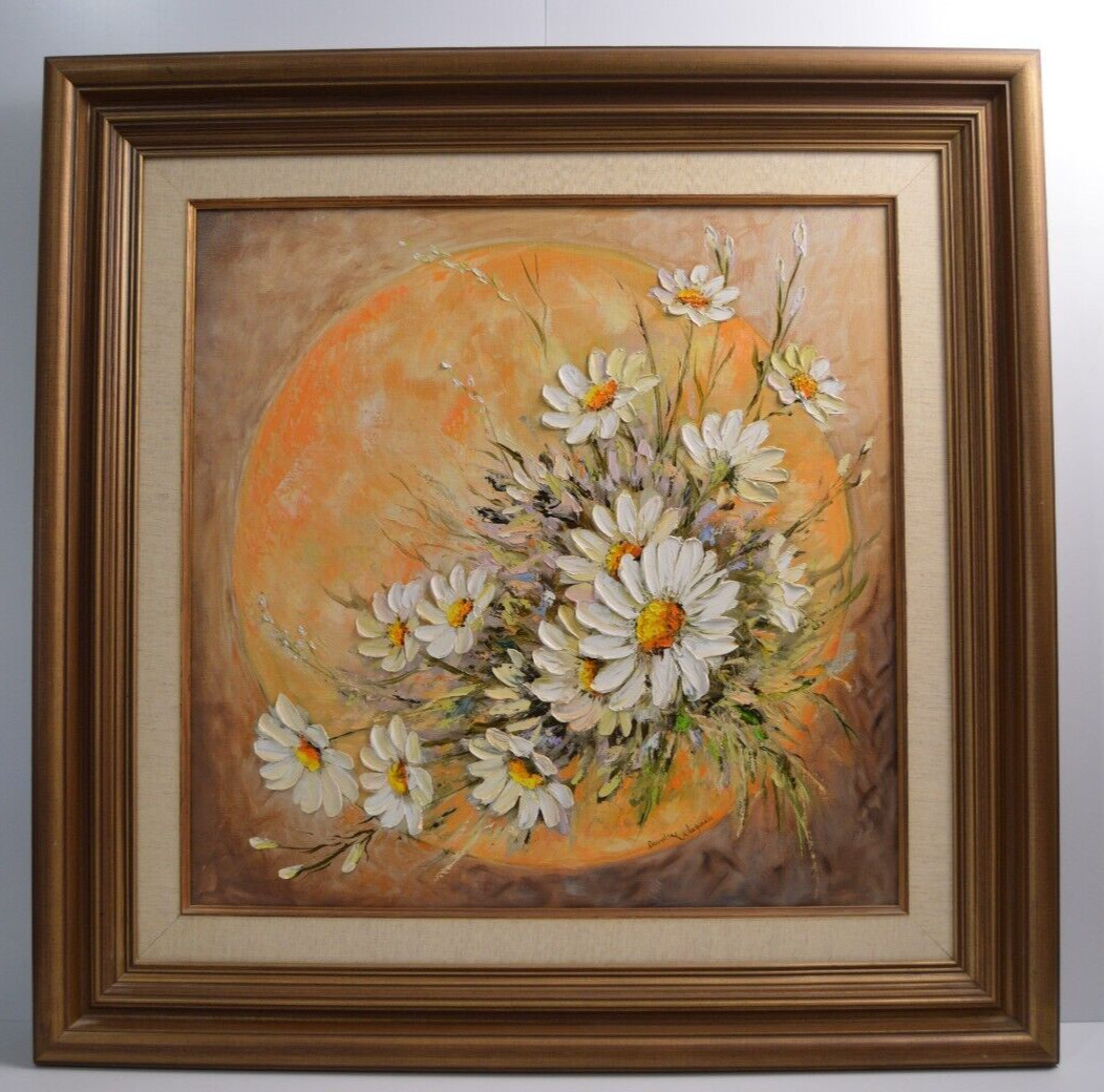 Vintage Flower Power Daisies Daisy Retro Groovy Art Framed Signed Oil Textured