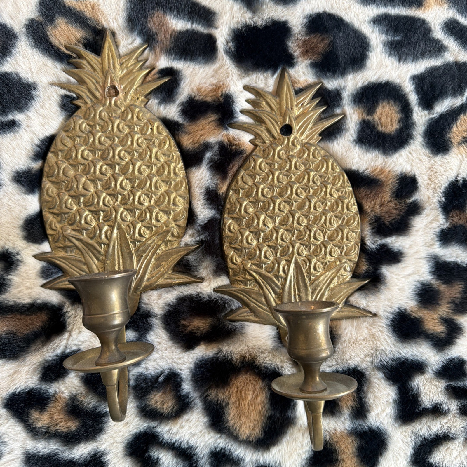 Vtg Mid-Century Solid Brass Pineapple Sconce Wall Candle Holders, 9.5”