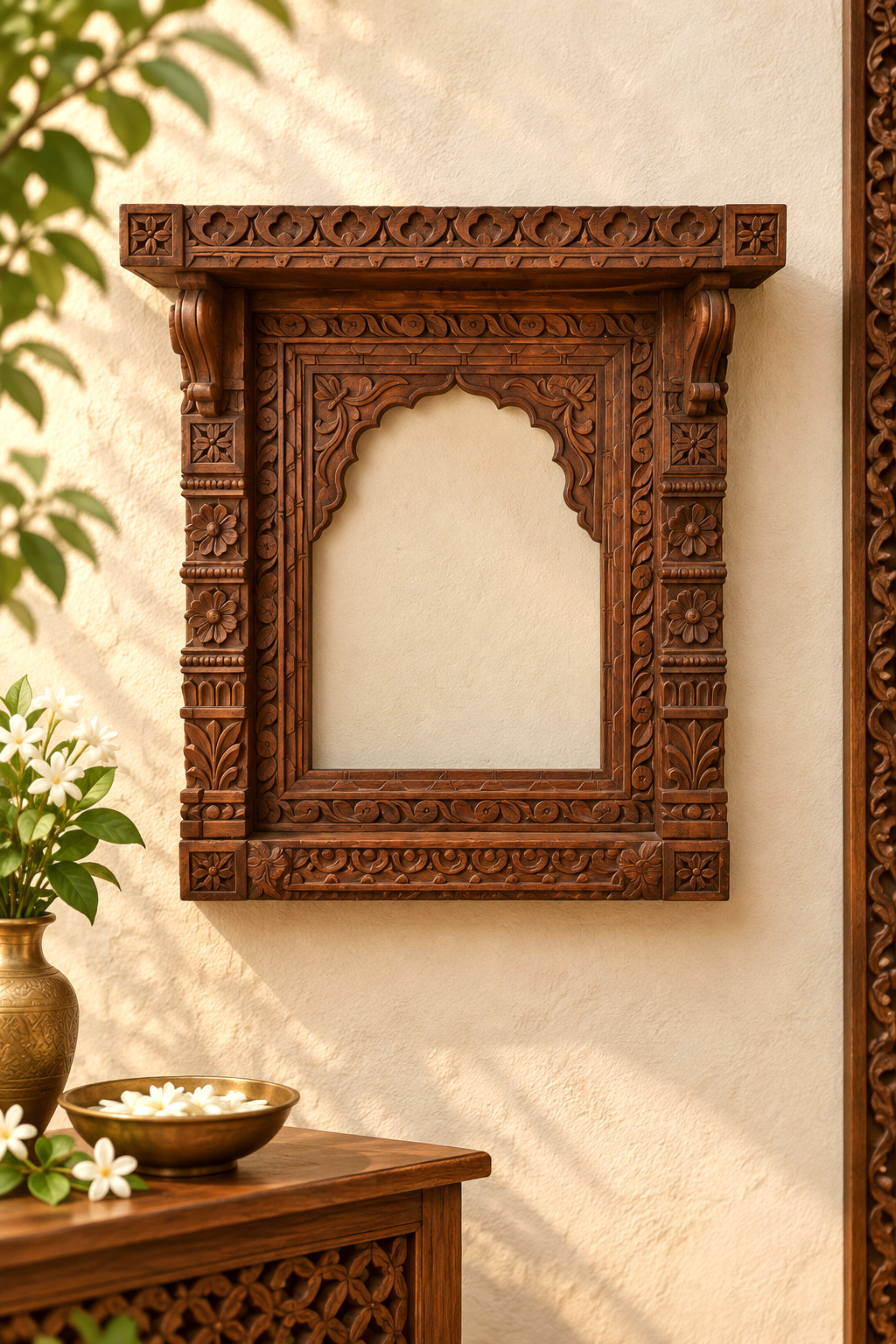 Vintage Hand Carved Indian Wooden Hindu Mandir Shrine  Wall Hanging Frame Decor