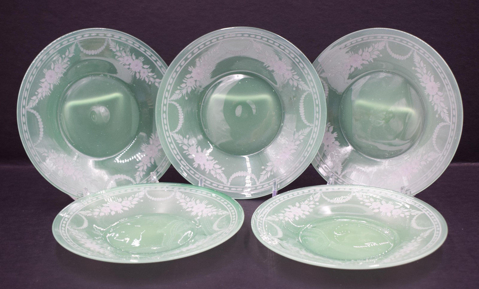 5 Steuben Green Jade & Calcite Engraved Glass Underplates 5 Steuben Green Jade & Calcite Engraved Glass Underplates