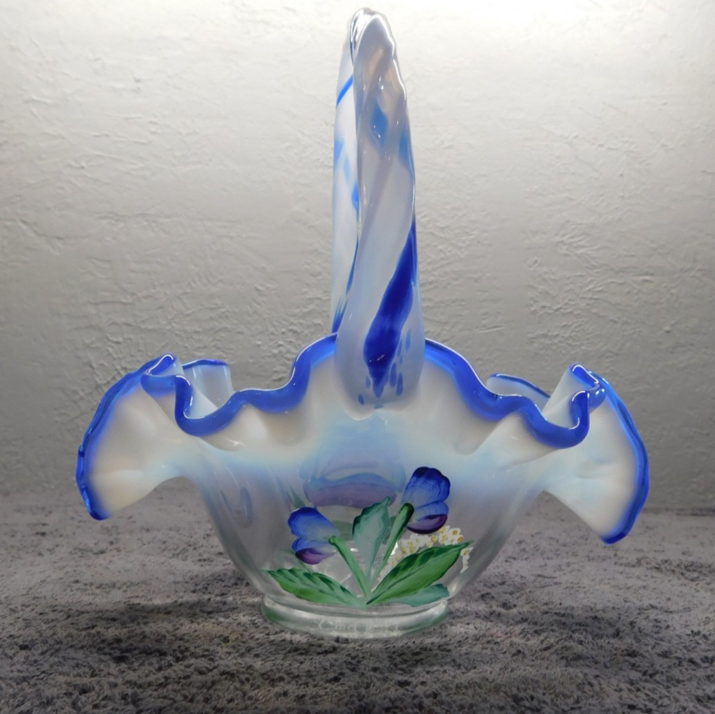 Fenton French Opalescent Blue Glass Basket The Glass Legacy Collection 95th Ann.