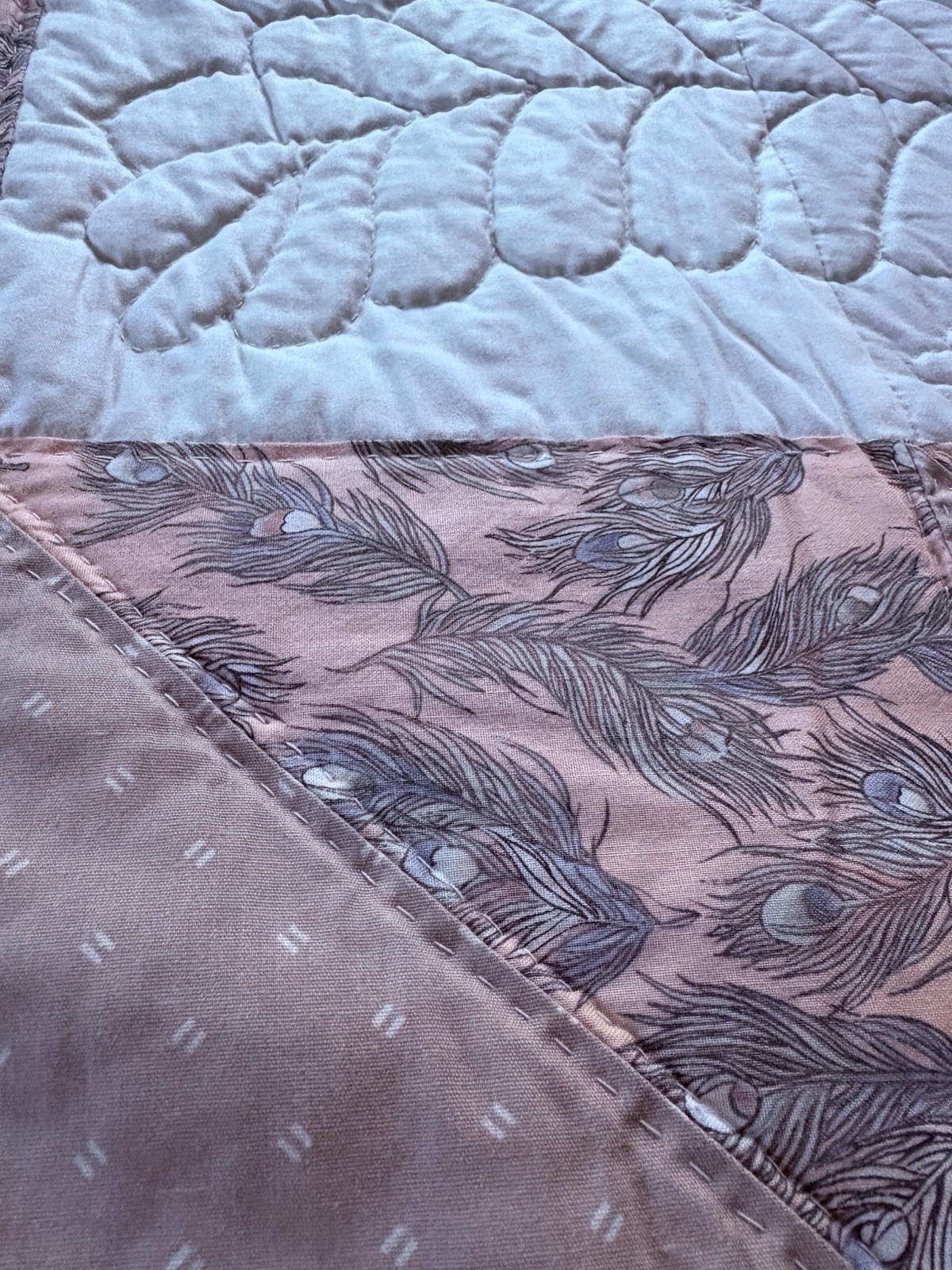 Handmade Lap Quilt Vintage Cottage Core Floral Pattern With Feathers Neutrals