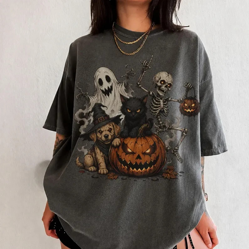 Retro Halloween Shirt, Y2K  Tee, Vintage Black Cat Ghost Skeleton