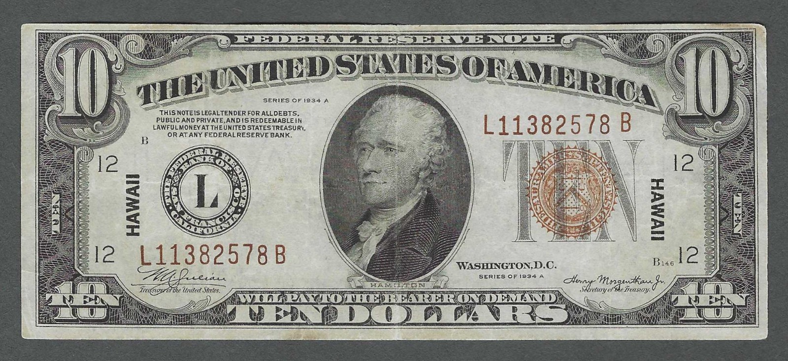 1934A $10 HAWAII WWII Emergency Issue CRISP XF Federal Reserve Note