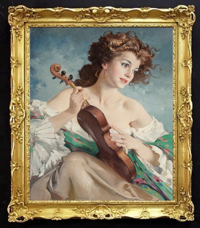 Handmade Old Master-Art Antique Oil Painting noblewoman violin girl on canvas