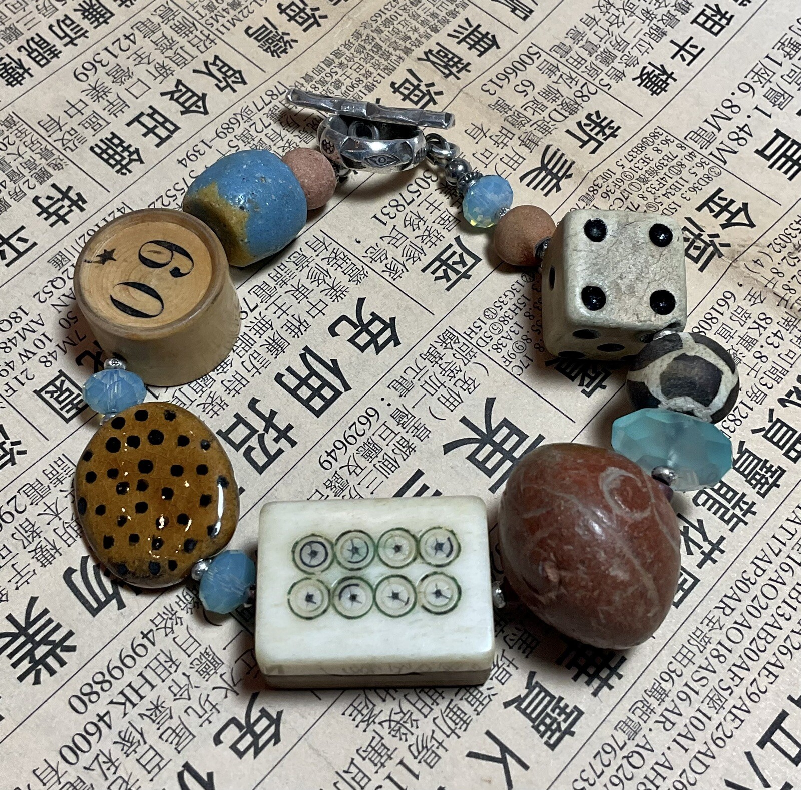 Vintage Mahjong Tile Kazuri Trade Bead Game Piece Bracelet
