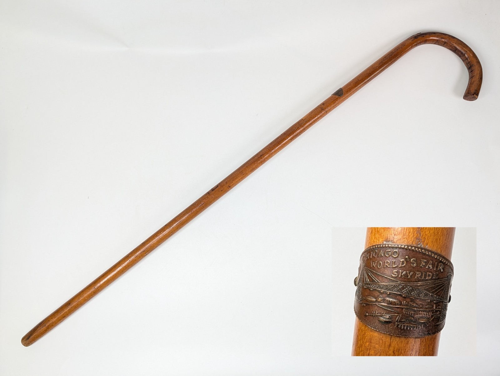 Vintage 1933-34 Chicago World's Fair Sky Ride Cane Walking Stick Bent Wood 35 Vintage 1933-34 Chicago World's Fair Sky Ride Cane Walking Stick Bent Wood 35