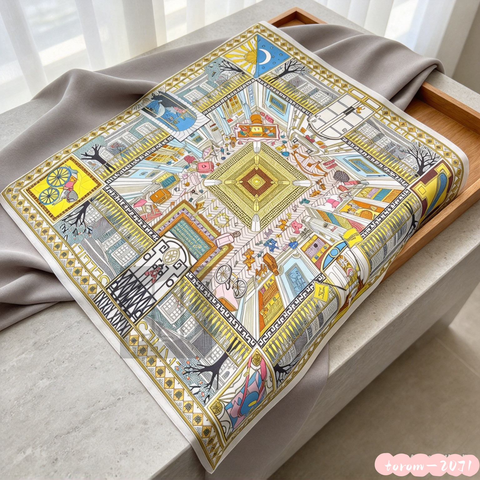 Hermès Urban architectural style print pattern Square silk scarf 35*35in Hermès Urban architectural style print pattern Square silk scarf 35*35in