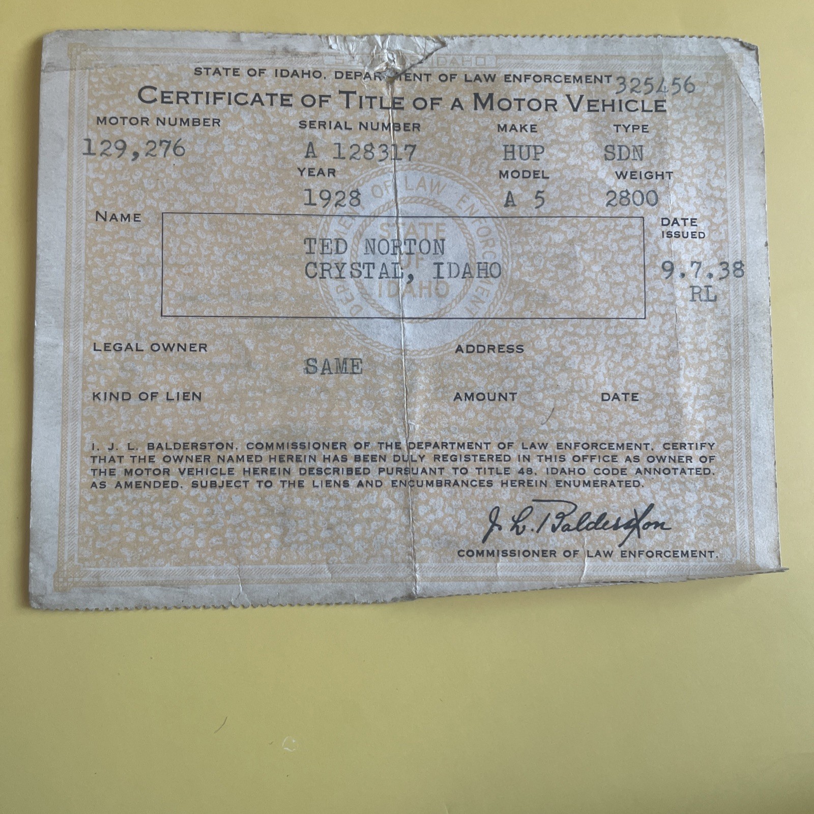 Certificate of Title 1928 HUP SDN A5 Passenger Car Vintage Car (#1)