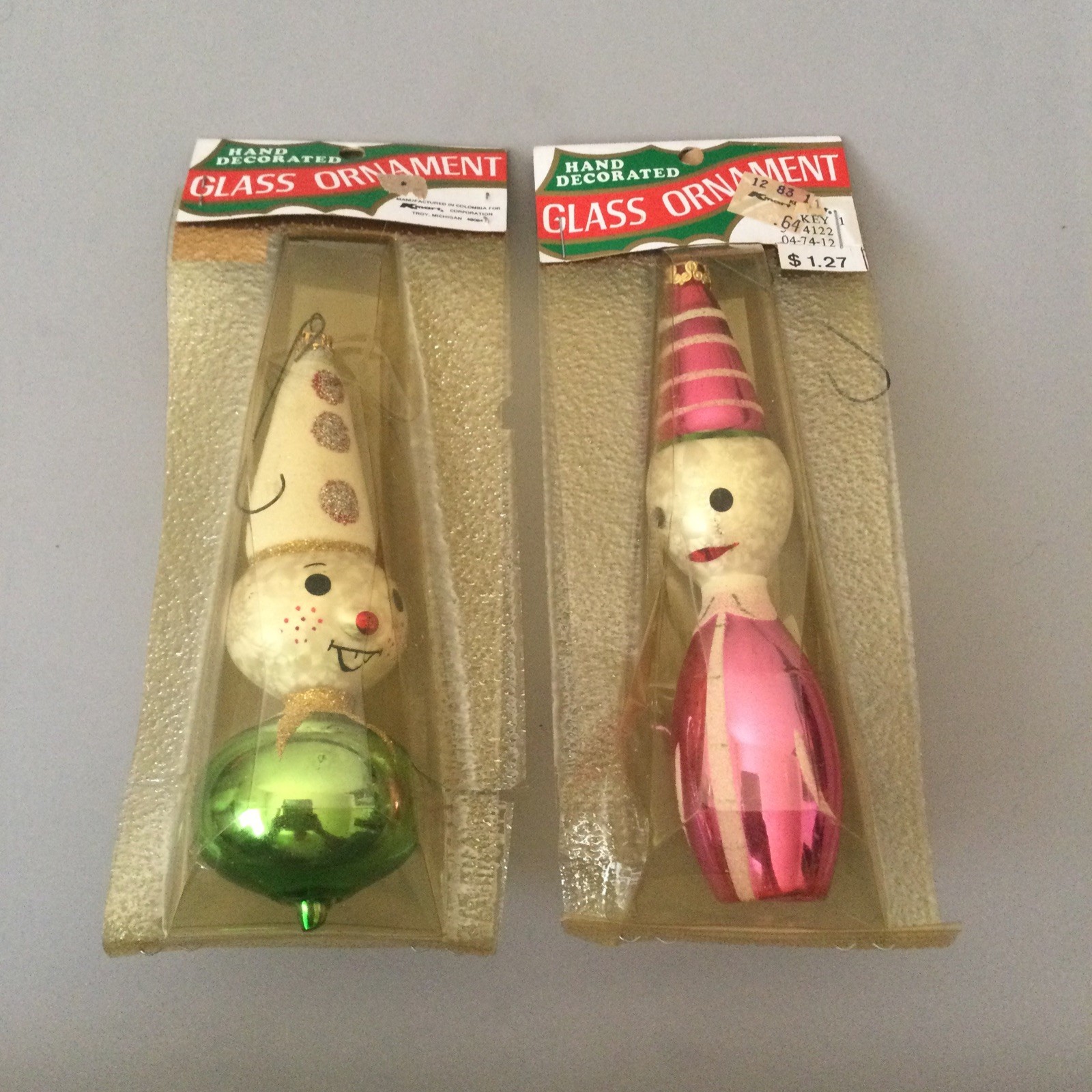 Vintage 1970s Christmas K Mart Glass Ornaments Clowns Round Ball Shiny NOS