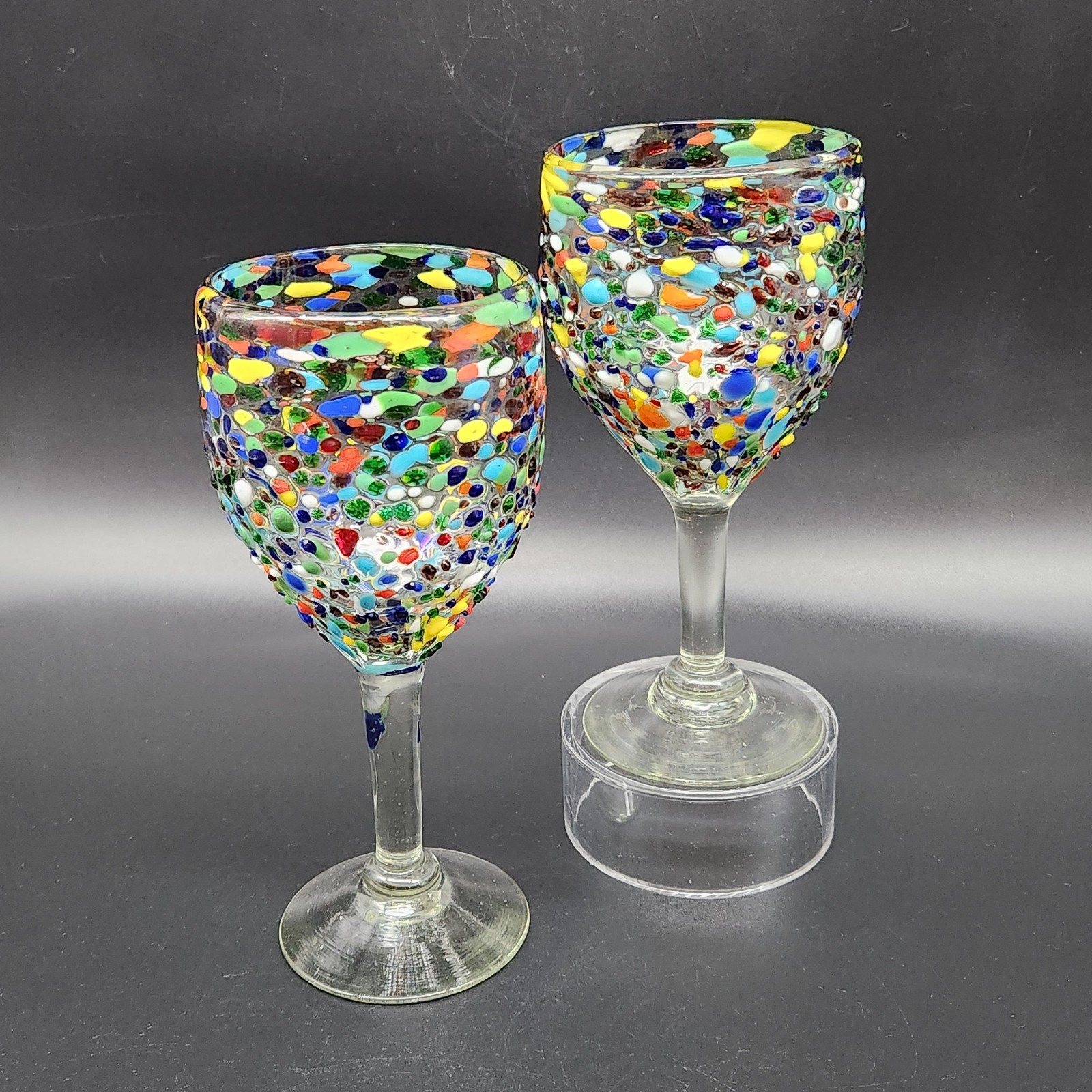 Set of 2 Mexican Confetti Wine Glass Goblets Hand Blown His & Hers 7.25