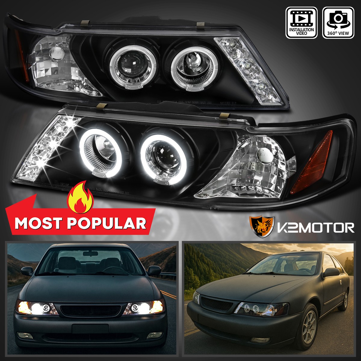 Black Fits 1995-1999 Sentra 200SX LED Halo Projector Headlights Lamps Left+Right Black Fits 1995-1999 Sentra 200SX LED Halo Projector Headlights Lamps Left+Right