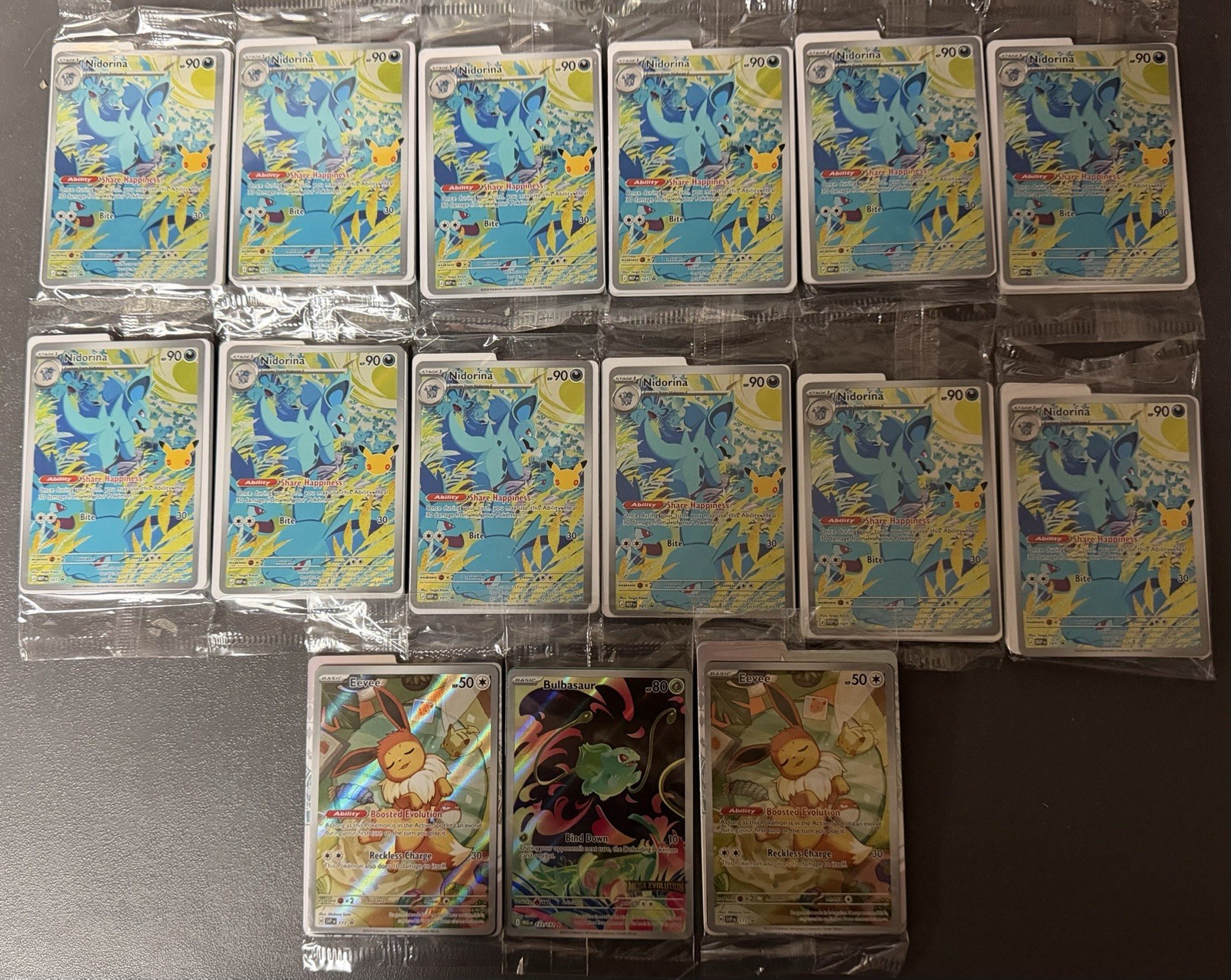Lot of 15 Sealed Promos Including Bulbasaur ME Stamped, 2 Eevee PE, 12 Nidorina