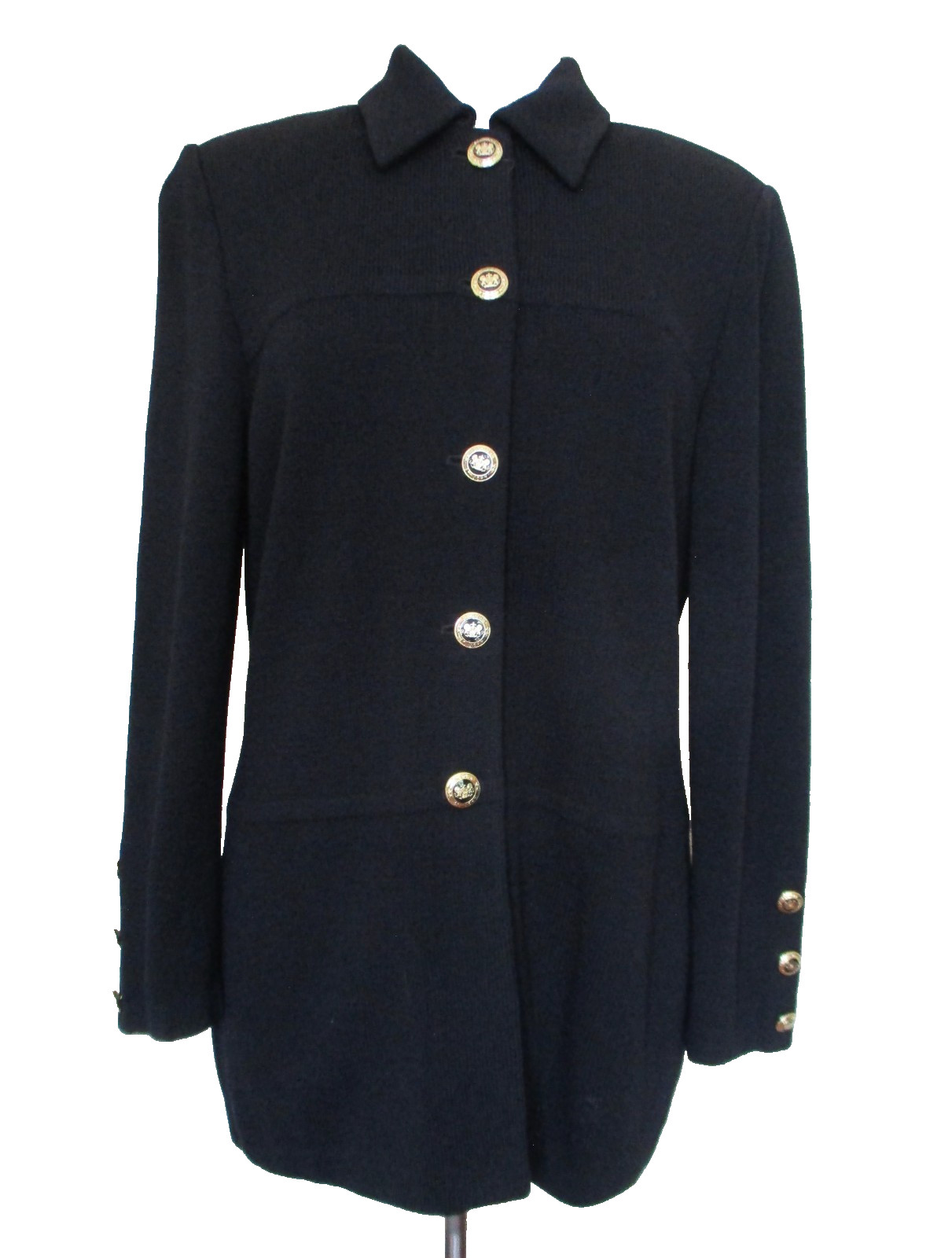 St John BASICS Black Santana Knit Cardigan Jacket Gold Logo Buttons Sz 8 Women St John BASICS Black Santana Knit Cardigan Jacket Gold Logo Buttons Sz 8 Women