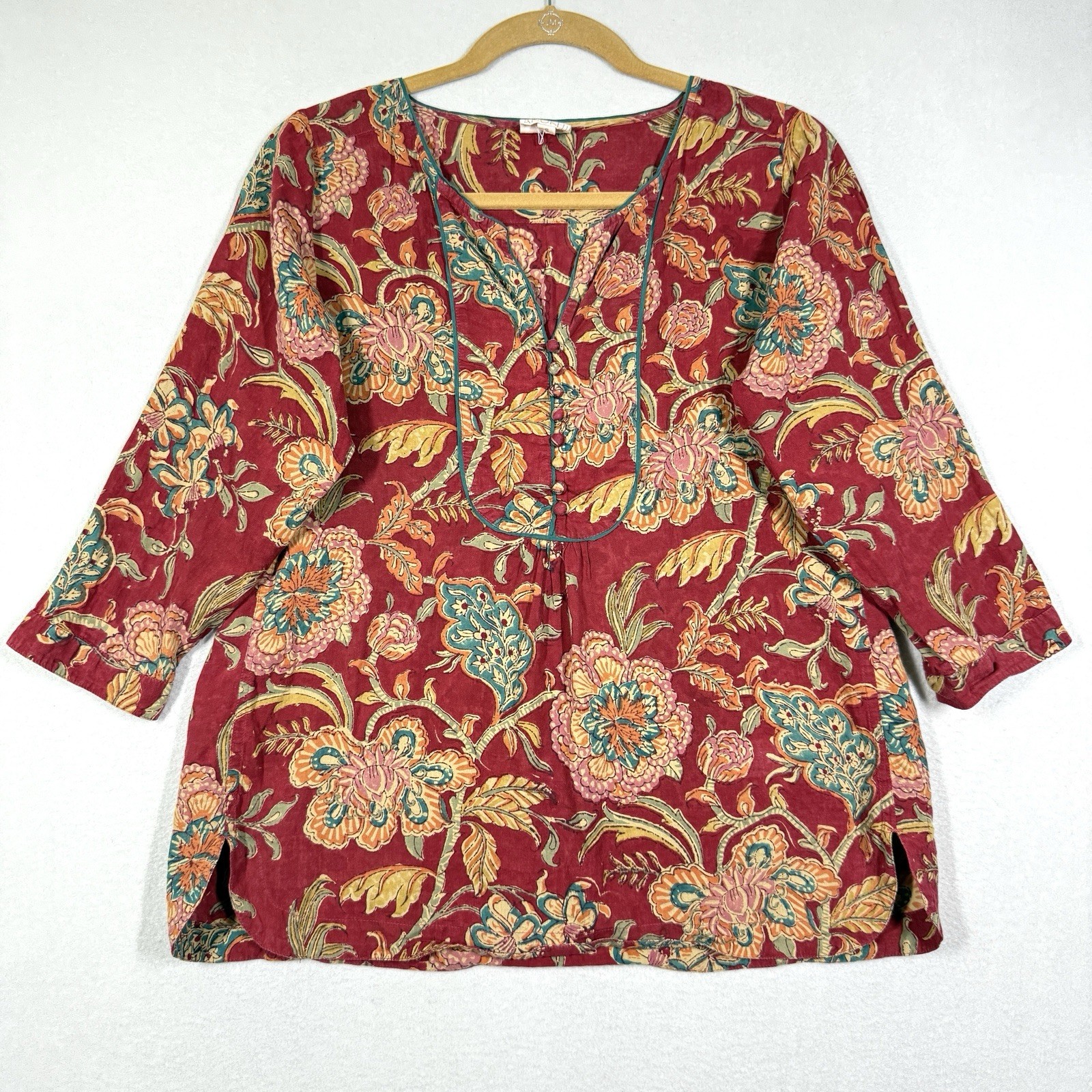 Anokhi Top Womens Small Floral Popover Blouse Bohemian Botanical Lightweight Anokhi Top Womens Small Floral Popover Blouse Bohemian Botanical Lightweight
