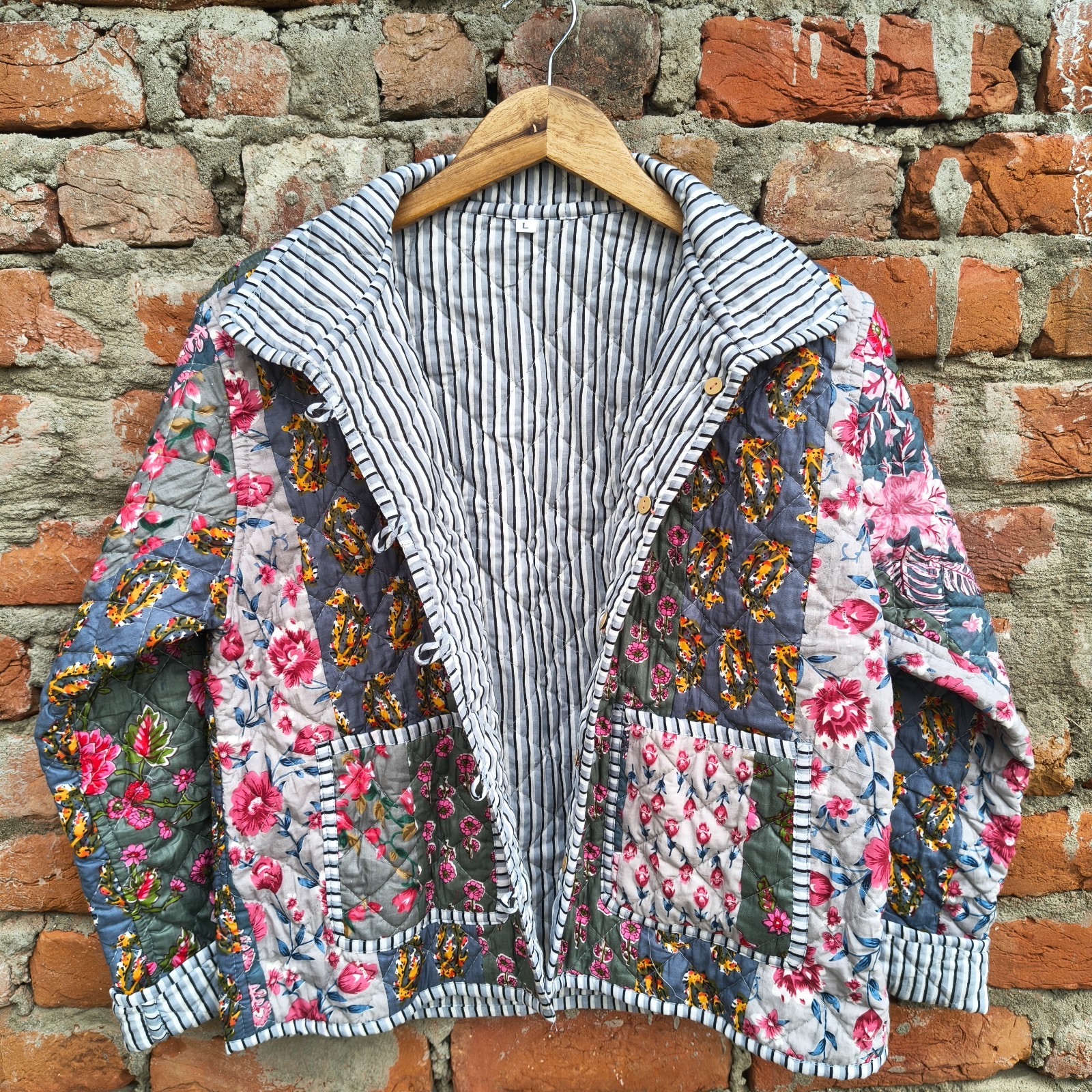 Indian Grey Quilted Patchwork Jacket Handmade Cotton Jacket Women's Clothing US