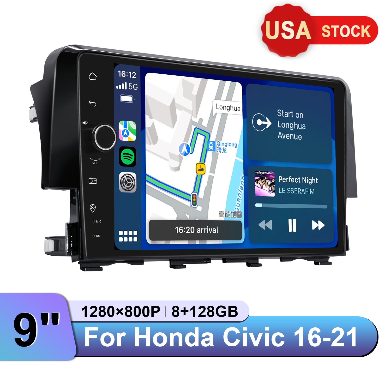 8+128GB Android Car Stereo for Honda Civic 2016+ 9 inch Screen Headunit GPS Navi