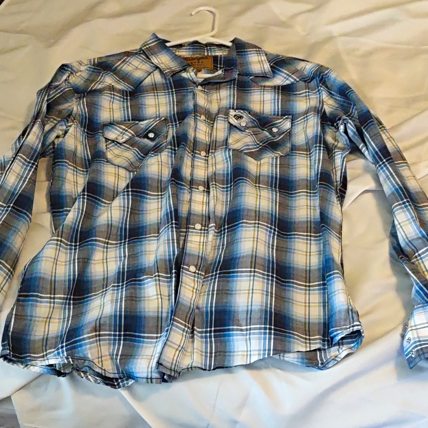 Wrangler Retro Western Plaid Button-Up Shirt XL Blue White Snap Cotton Pockets