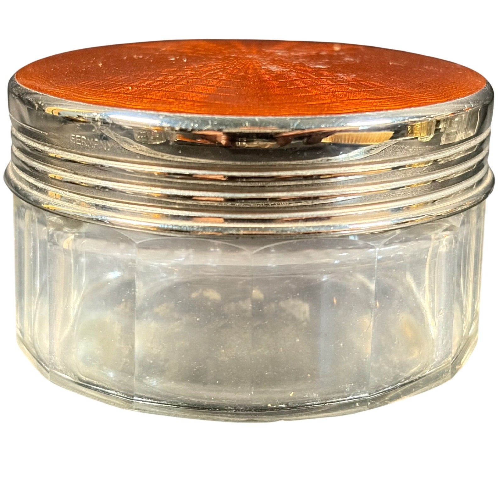 Antique German Guilloche Enamel Vanity Jar Orange Sunburst Glass Art Deco Box
