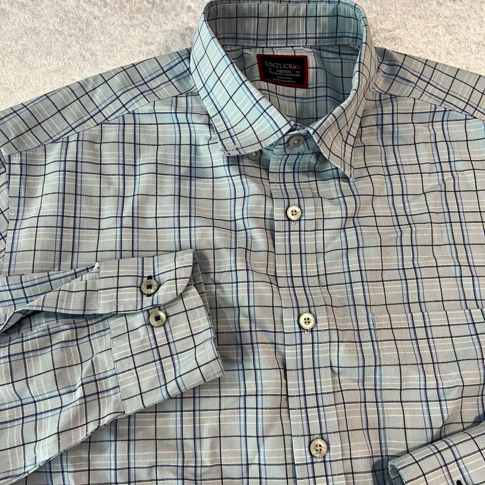 UNTUCKit Men’s M Blue White Check Cotton Button-Up Relaxed Wrinkle 48\