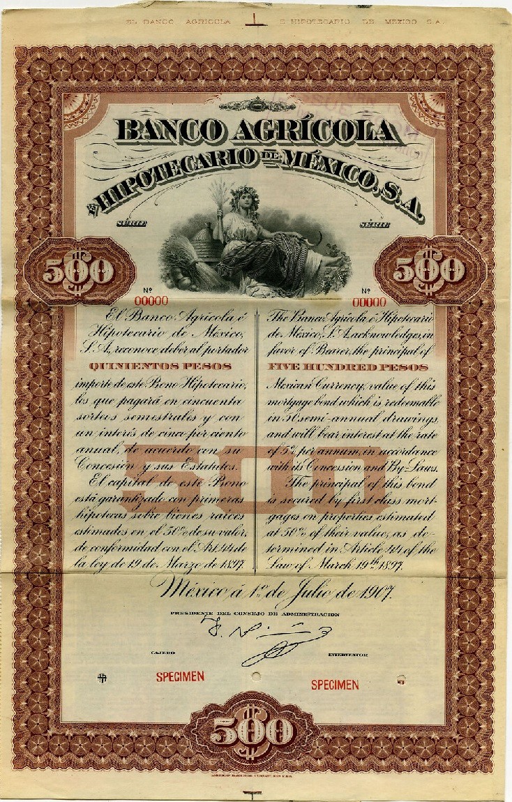 Mexico 1907 Banco Agricola Hipotecario 500 Pesos SPECIMEN Bond Coupons Loan RR Mexico 1907 Banco Agricola Hipotecario 500 Pesos SPECIMEN Bond Coupons Loan RR