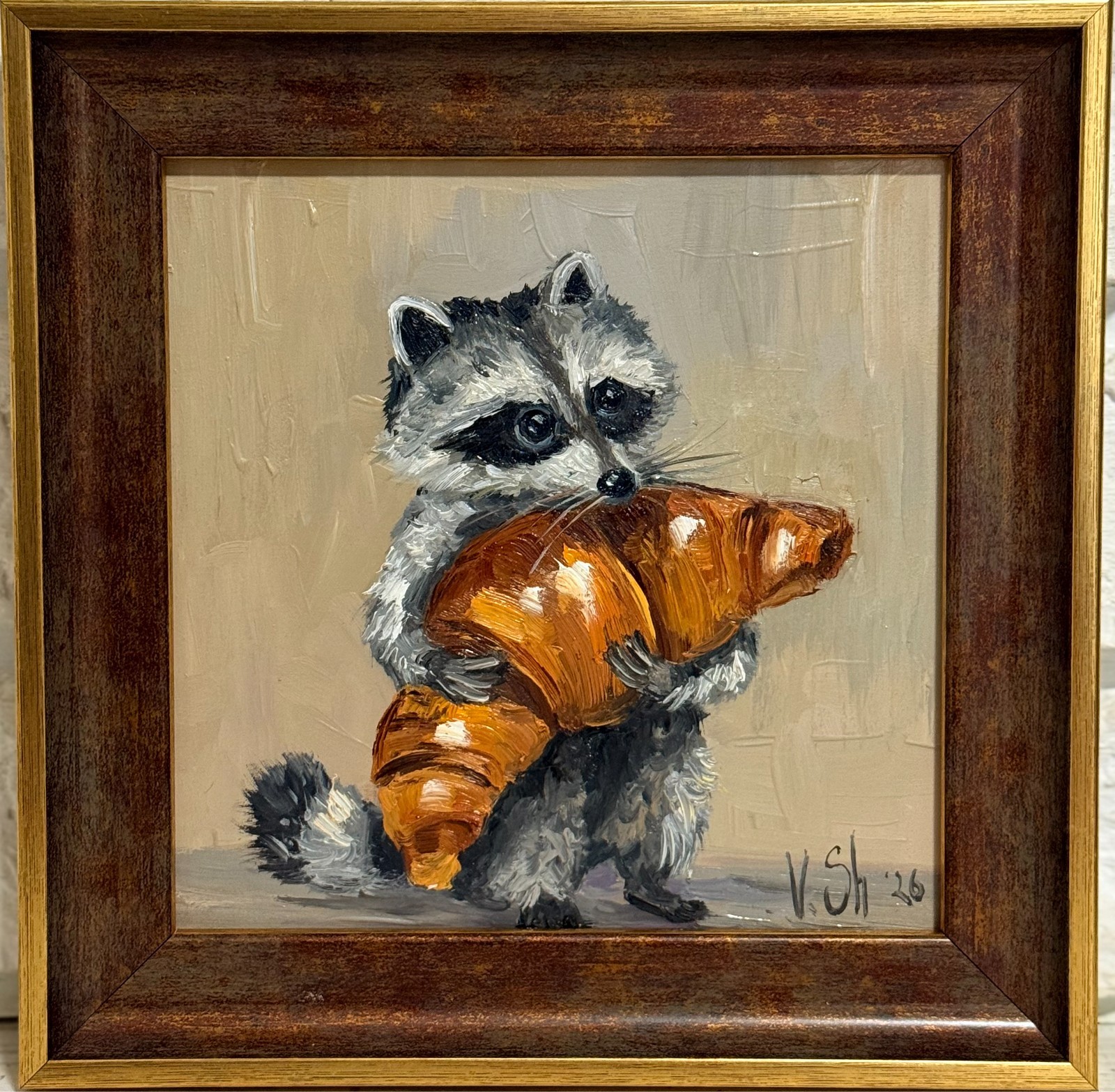 Raccoon with Croissant Original Oil Painting  Funny Animal Wall Art Framed
