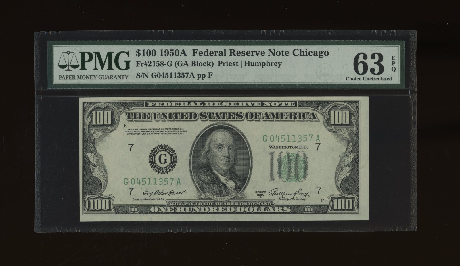 DBR 1950-A $100 FRN Chicago Fr. 2158-G PMG 63 EPQ Serial G04511357A