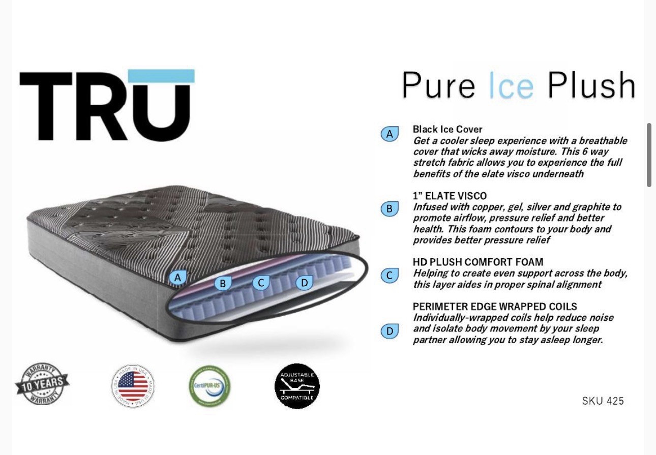 TRU Pure Ice Plush King Mattress, Cooling, Edge Support, Adjustable Base
