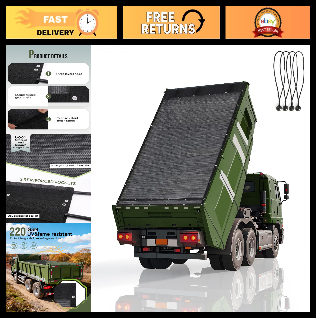 Heavy Duty 8' x 10' Mesh Dump Trailer Tarp with Grommets, Air-Flow, Elastic Cord