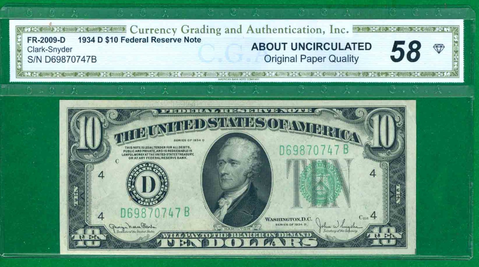 $10 1934-D 1 D/B BLOCK CLEVELAND ABOUT UNCIRCULATED. OPQ 58 2 OF 2