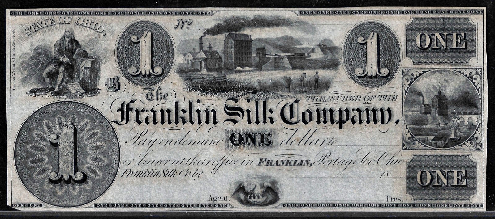 1800’s The Franklin Silk Company State Of Ohio $1 Dollar Note Obsolete Crisp UNC