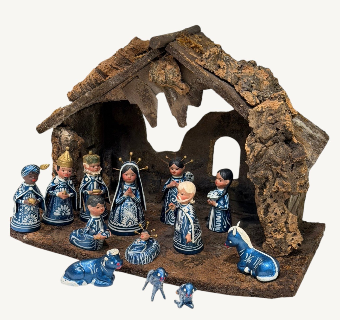 Vintage Tonalá-Style Mexican Folk Art Nativity–13 Clay Figures w/Rustic Creche