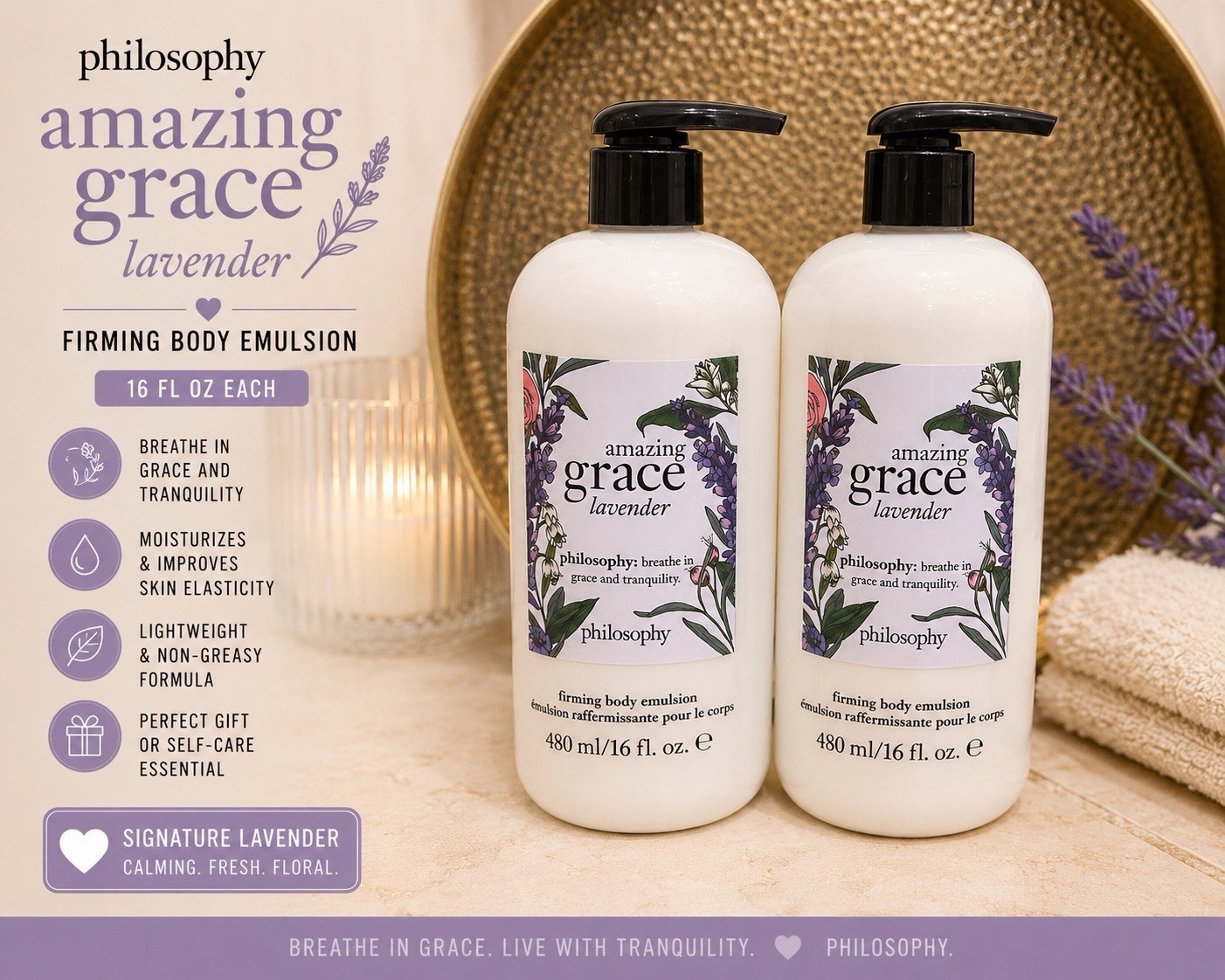 Philosophy Amazing Grace Lavender Body Emulsion 16 oz Lot of 2 New