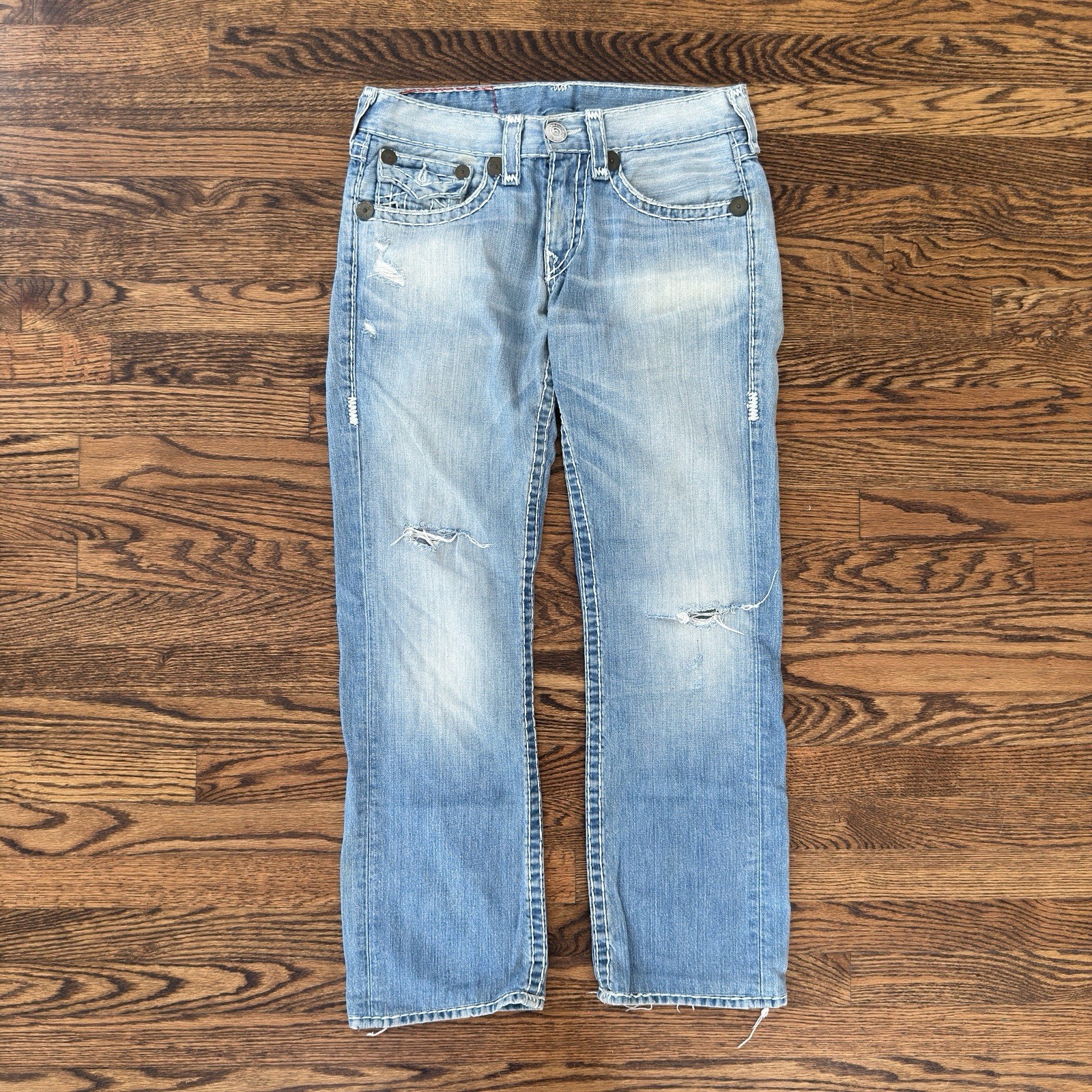True Religion Ricky Super T Straight Leg White Stitching Denim Jeans Size 32