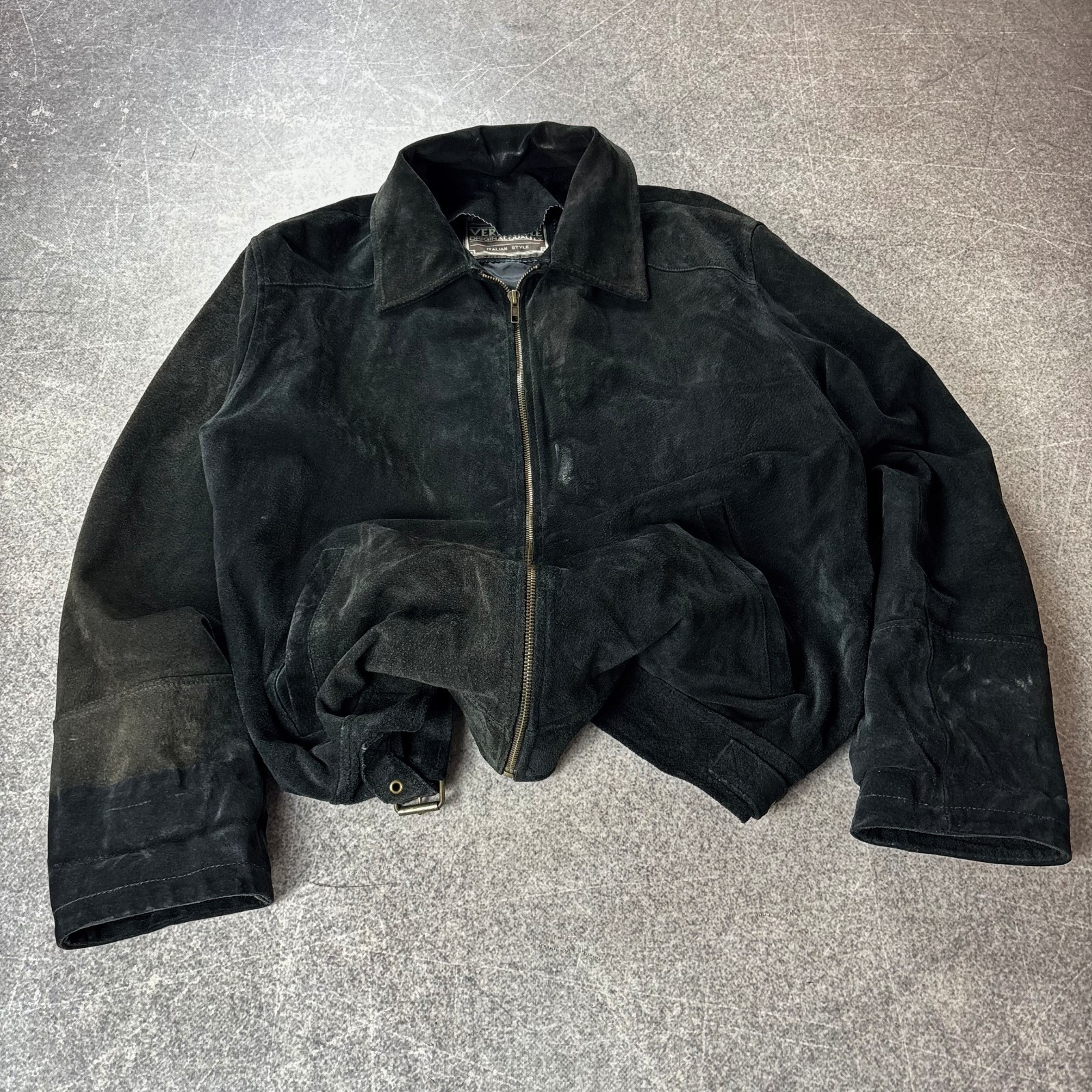 Vintage Black Suede Leather Jacket Italian Style Zip Up Minimalist Y2K Distresse