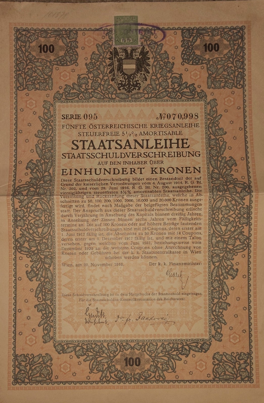 1916 Austria 100 Kronen 5th Austrian War Loan WWI Staatsanleihe Antique Bond
