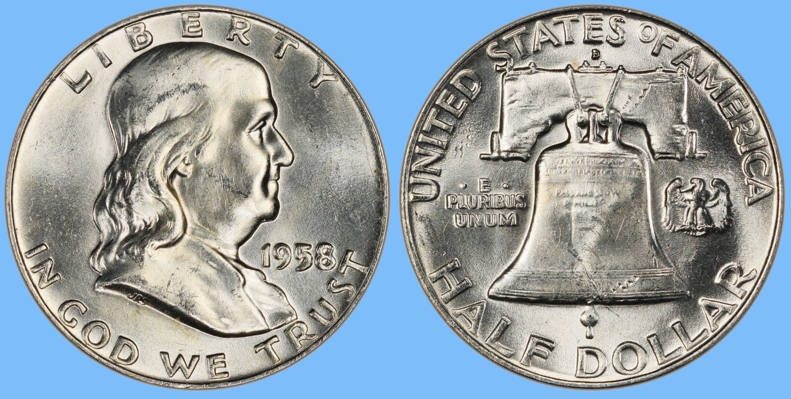 1958 D Franklin Half Dollar ~ GEM BU Uncirculated Mint State ~ 90% Silver 50c