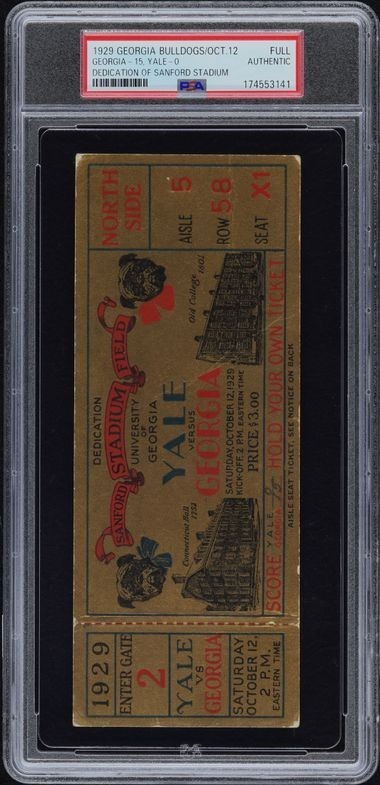Rare 1929 Georgia vs Yale Dedication of Sanford Stadium Full Ticket PSA Pop 3 