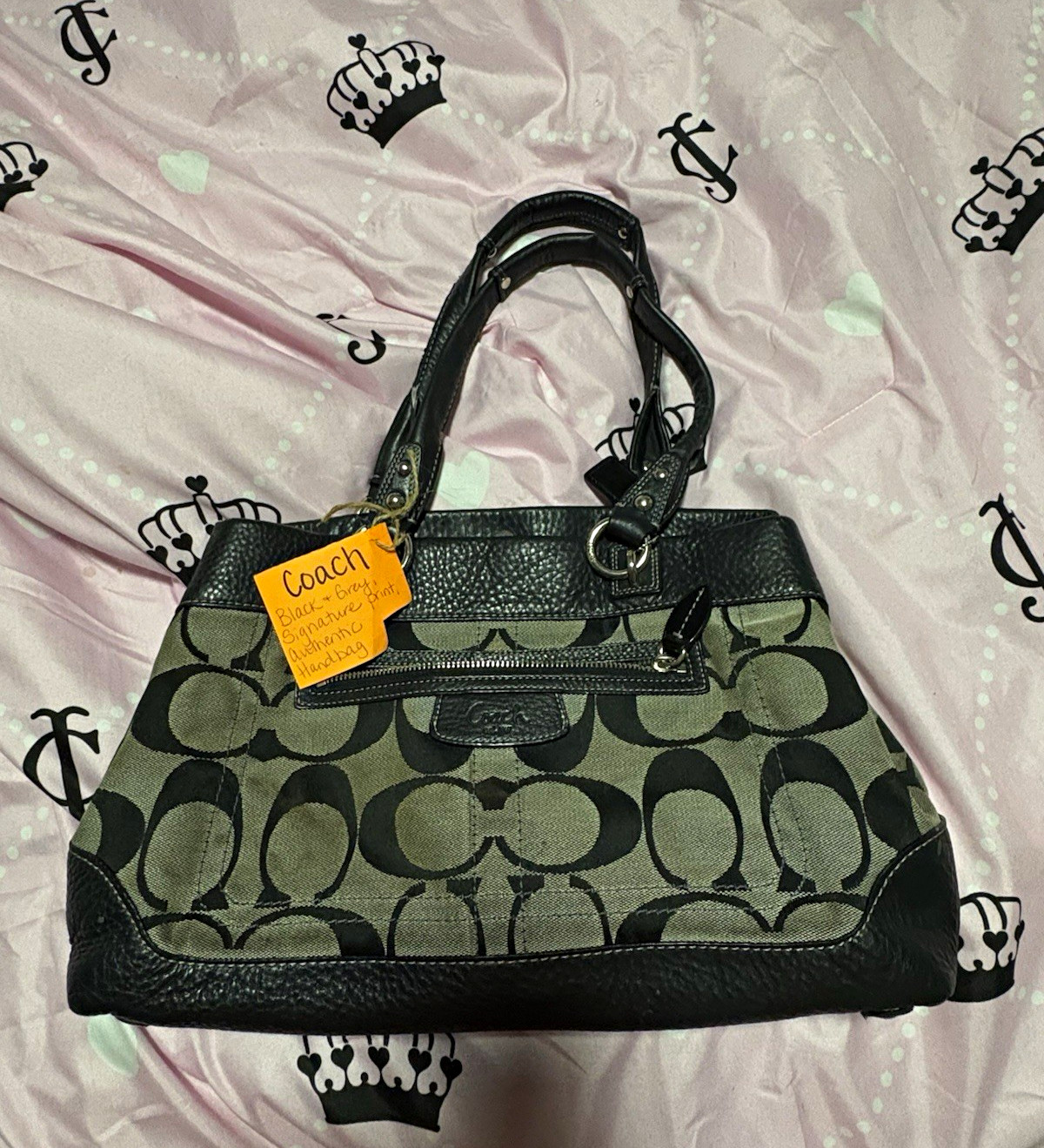 Coach Womens Signature Satchel Top Handle Bag Zip Closure Black Gray