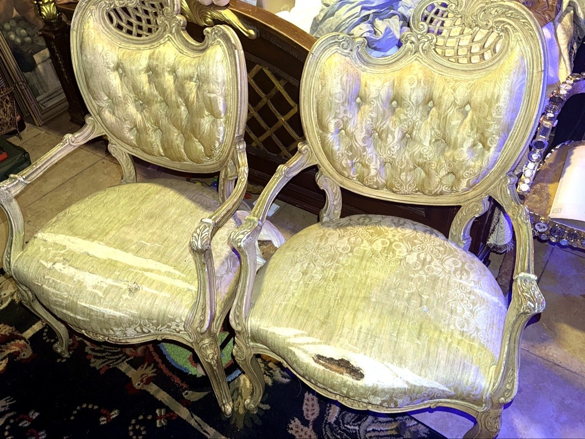 Pair Louis XV Style French Armchairs Fauteuils Carved Wood Tufted Damask