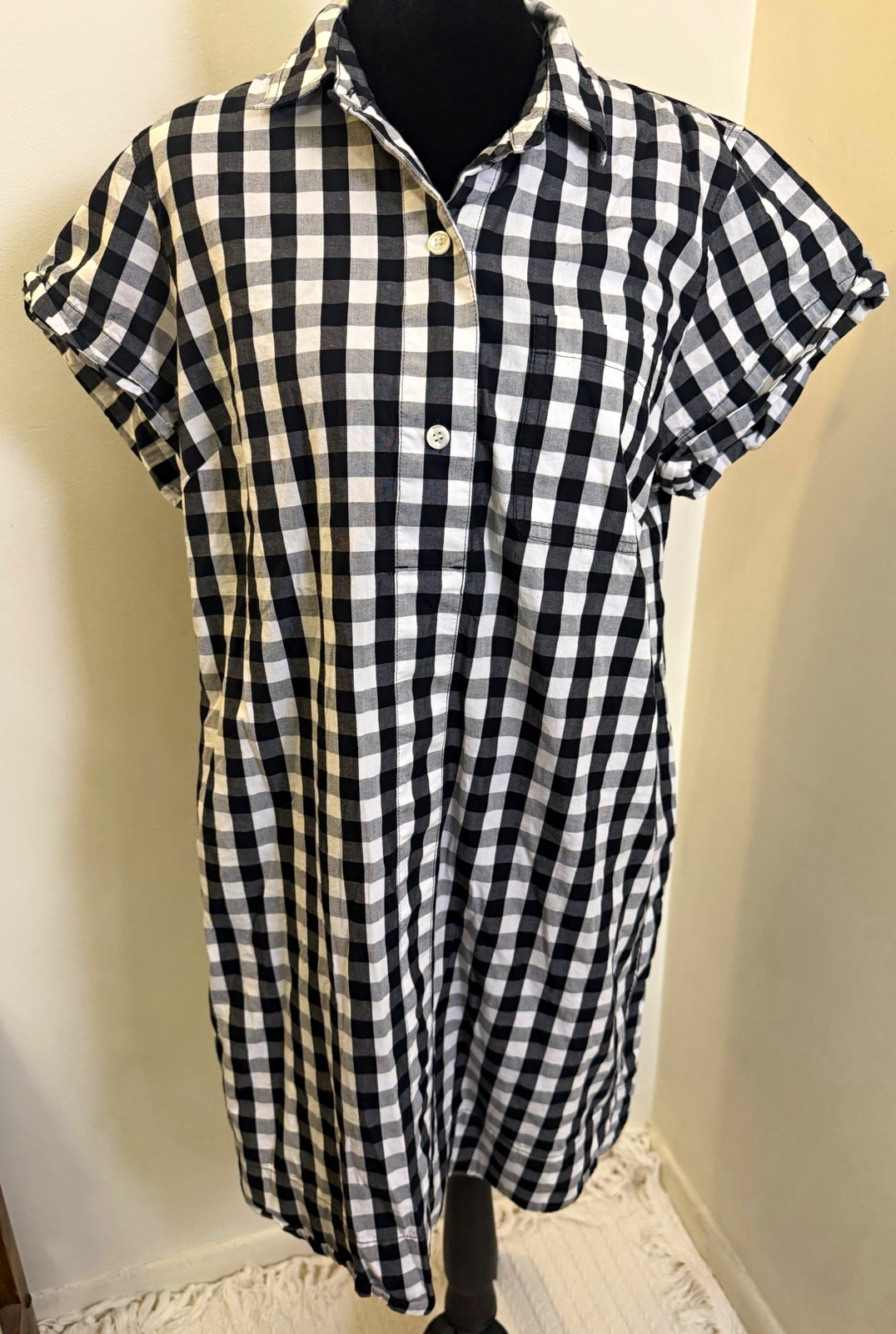 J.CREW Black/White Gingham Shirt Dress L Short Sleeve Collared Button G5834