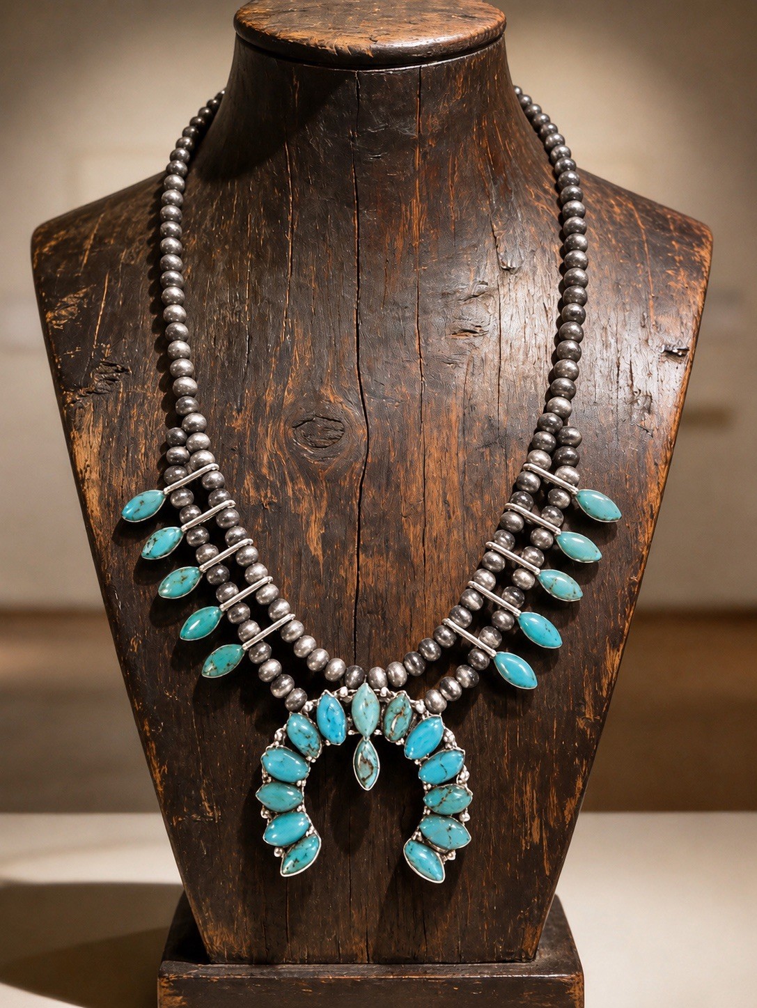 Western Turquoise Squash Blossom Necklace – Handmade Southwestern