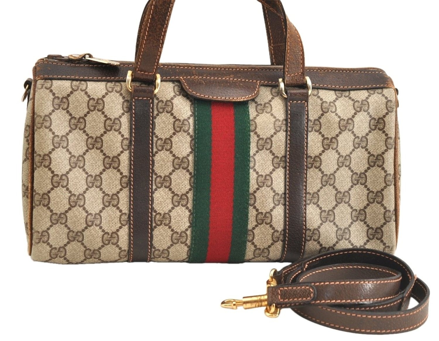 Auth GUCCI Web Sherry Line 2Way Shoulder Hand Bag GG PVC Leather Brown AD099 Auth GUCCI Web Sherry Line 2Way Shoulder Hand Bag GG PVC Leather Brown AD099