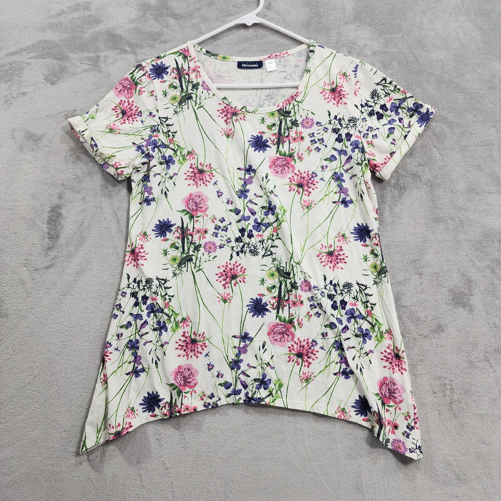 Basic Editions Top Womens S Multicolor Floral Scoop Neck Tunic Tee Sharkbite Hem