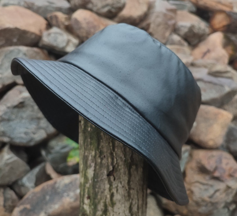 Men Faux Leather Bucket Hat Wide Brim Casual Fisherman Cap Waterproof Retro
