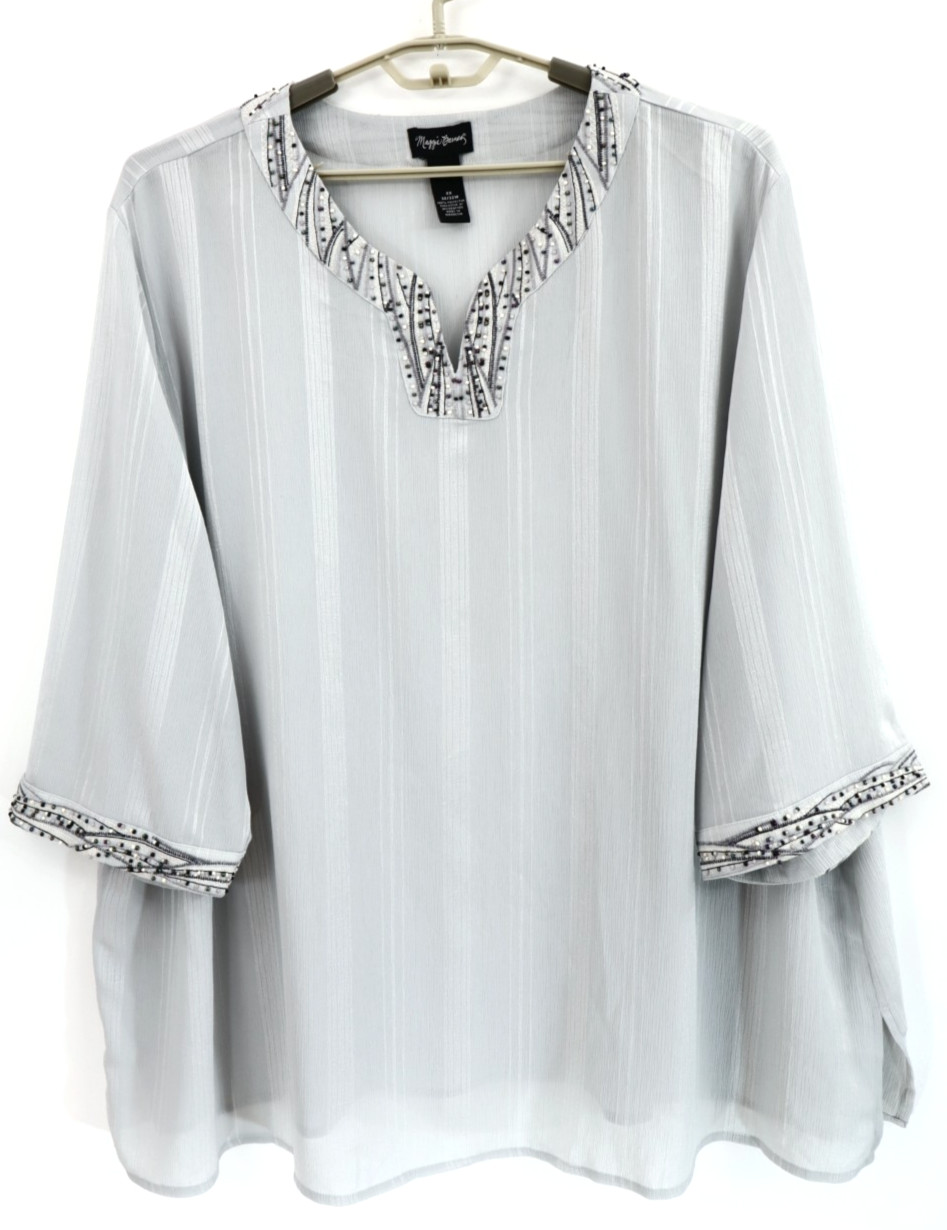 MAGGIE BARNES Women\'s Polyester Blouse Embroidered Beaded Gray Size 4X 30W 32W