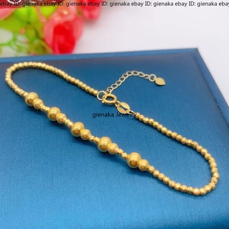 Real Au750 18K Yellow Gold Beaded Bracelet Gourd Chain Adjustable 6-7.1inch