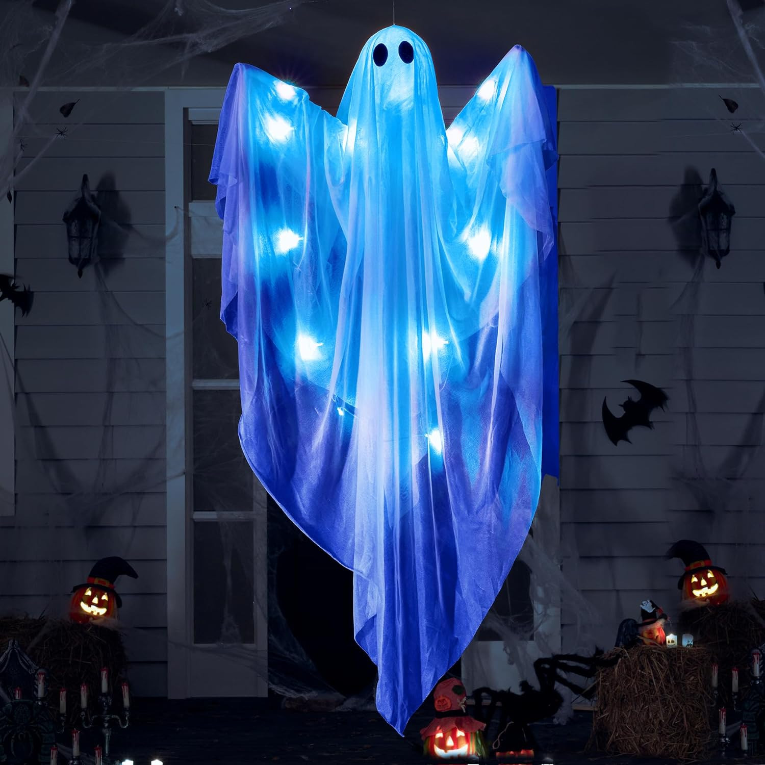 JOYIN Halloween Hanging Light up Ghost, 47” White Ghosts with Blue LED Light and JOYIN Halloween Hanging Light up Ghost, 47” White Ghosts with Blue LED Light and